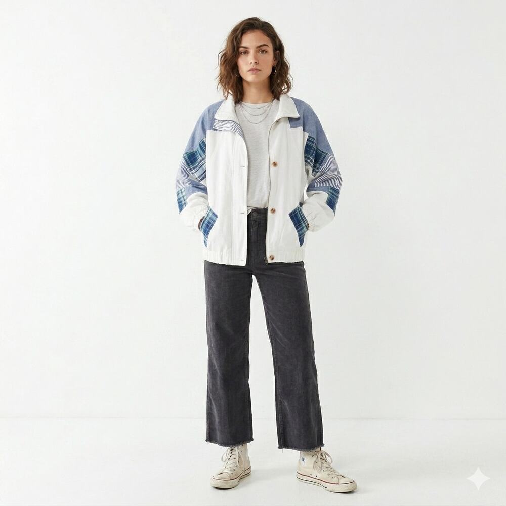 Vintage G4000 90s Cotton Patchwork Plaid Denim Pinstripe Jacket L Indie Sleaze